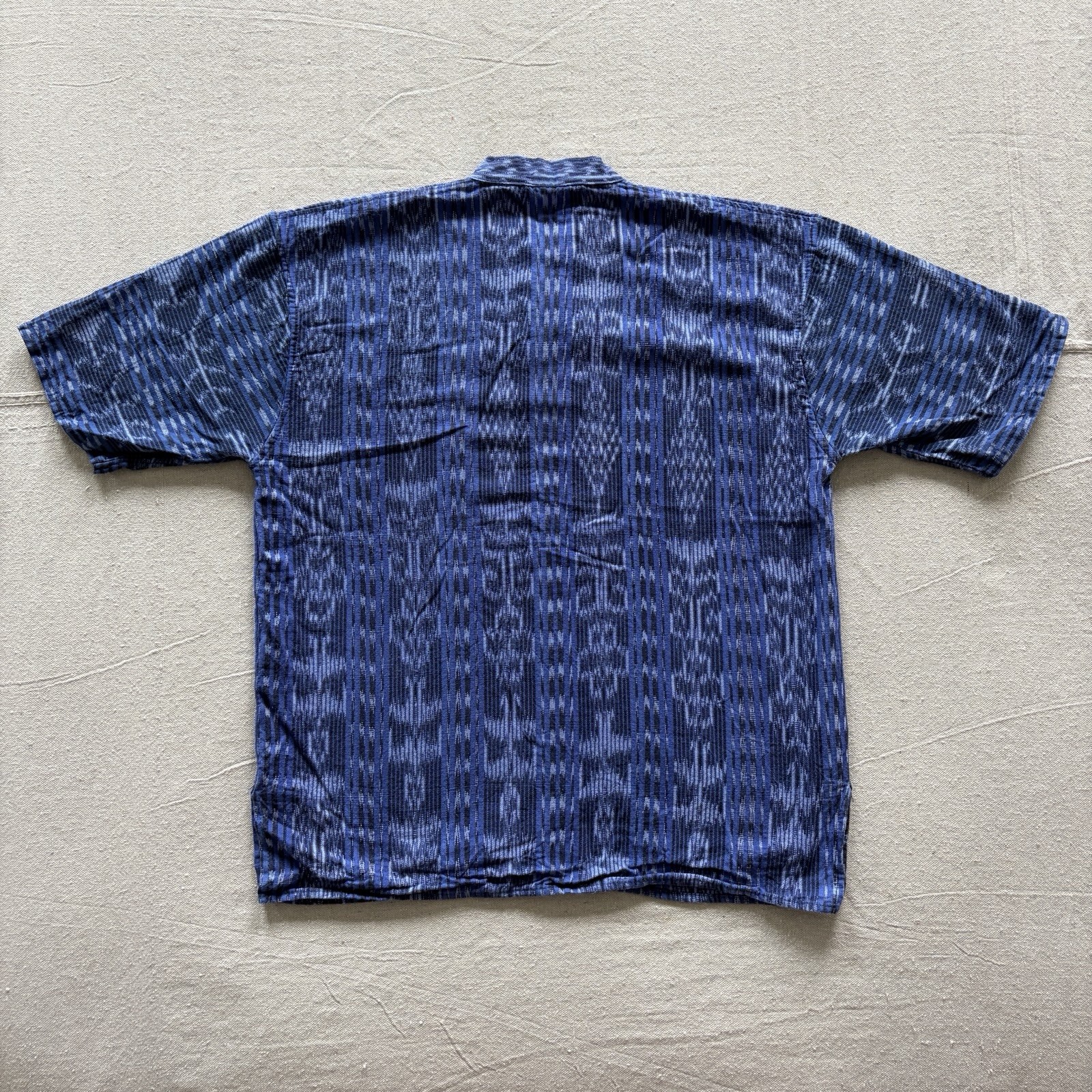 Guatemalan Ikat Collarless Henley Indigo Blue Shirt Men's Medium M Women's Large gallery