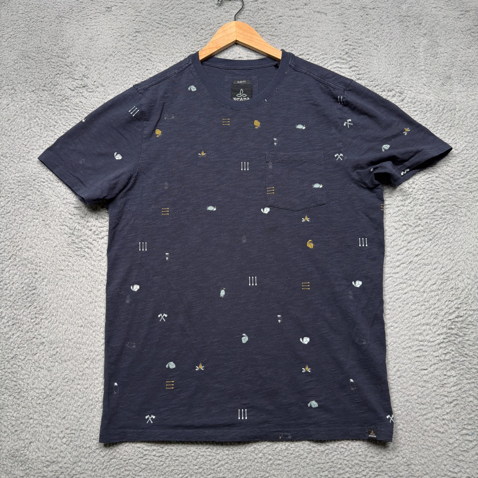 Prana T Shirt Mens Large Slim Fit Blue Geometric Pocket Tee Crew Neck Cotton gallery