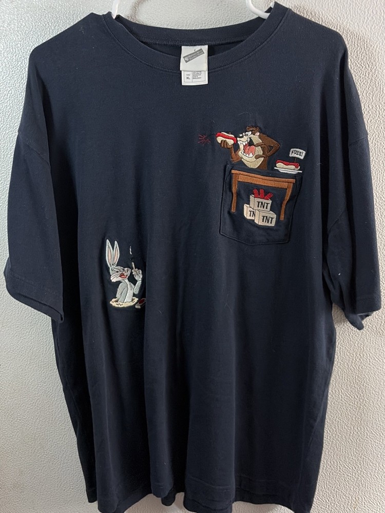 1999 Warner Bros Studio Store Bugs Bunny & Taz Pocket T Shirt Blue XL