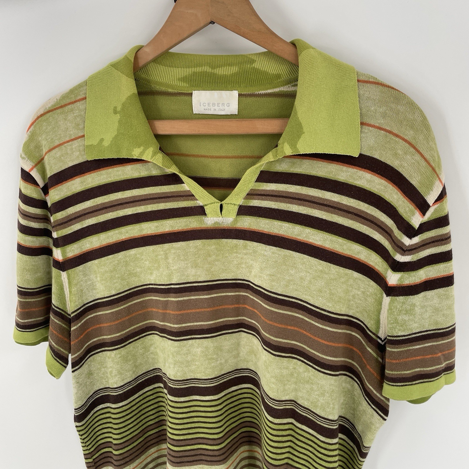 Vintage Iceberg Green Brown Striped 70s Style Polo Shirt – Mens Size L (21.5×27)