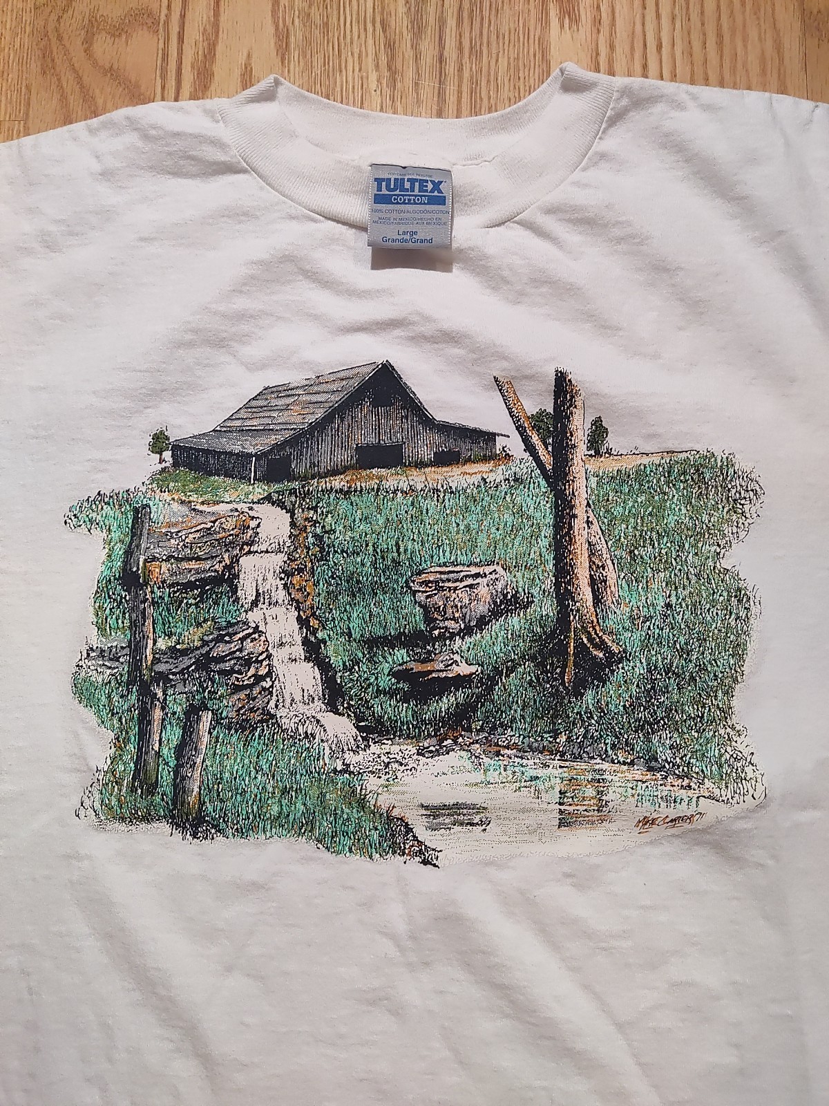 Vintage 90s Art Shirt Landscape Barn Nature Rustic Mens Large White American gallery