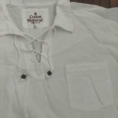 Cotton Natural Men’s White Front Pocket Drawstrings Beads Shirt – Size 3XL