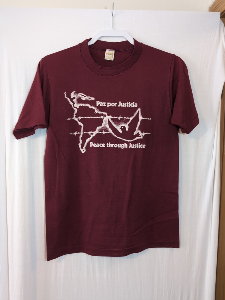 Vintage Men’s M Single Stitch Maroon Peace Through Justice South America T-Shirt