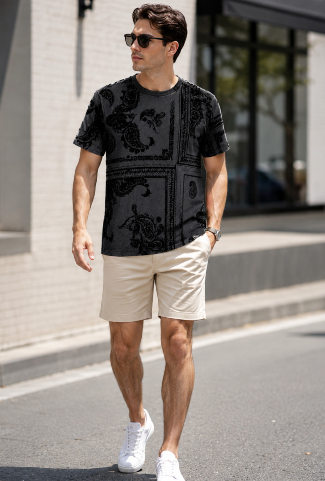 GUESS Men's Size M Black Paisley Flocked T-Shirt Velvet Short Sleeve NWT gallery