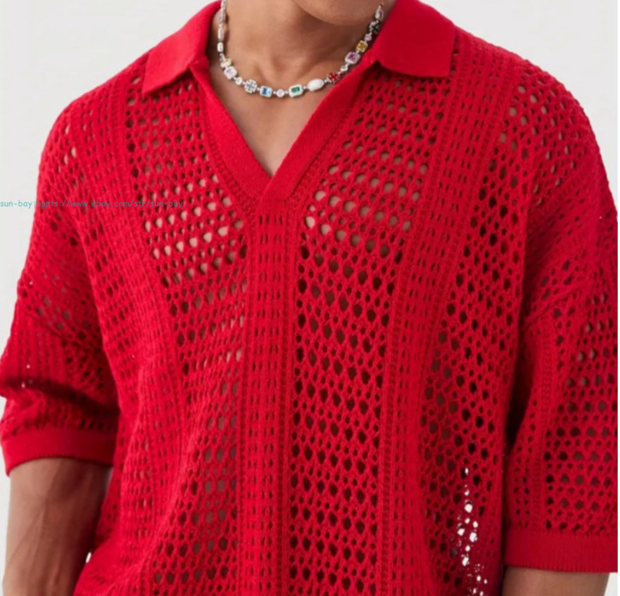 Men's Crochet Button Down T-Shirt Short Sleeve Hollow Out Collar Beach Knit Tops gallery