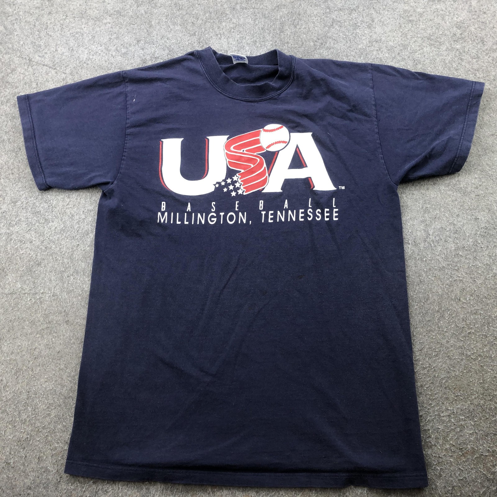 Vintage USA Baseball Shirt Mens Large Navy Millington Tennessee Russell 90s