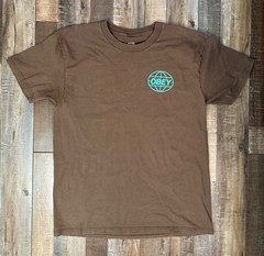 Obey Worldwide Brown Short Sleeve Men’s T-Shirt Blue Teal Green Logo Size Large