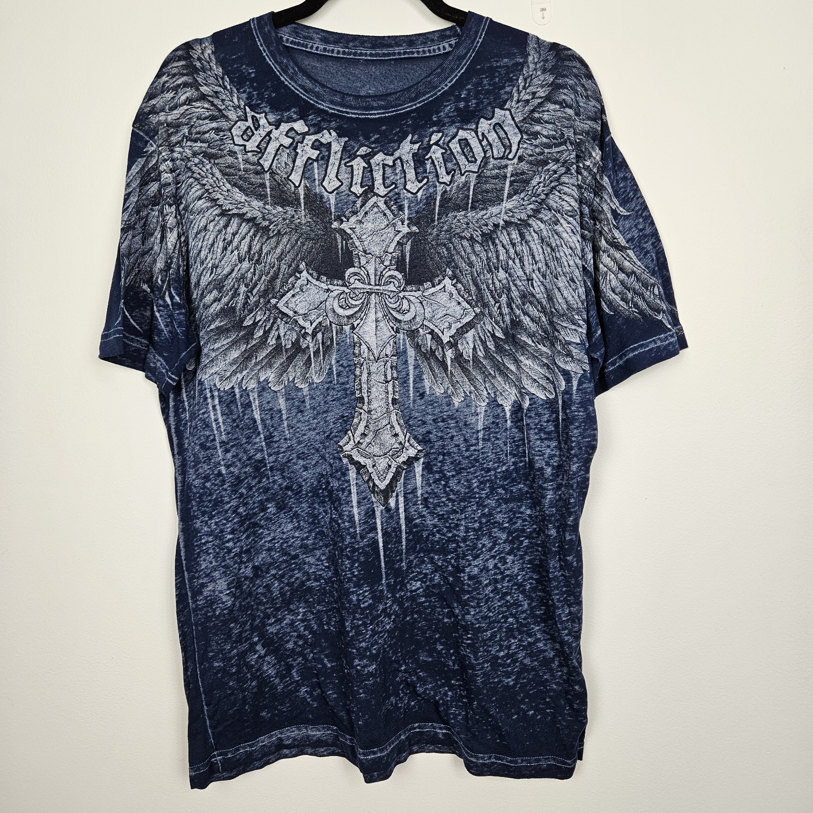 Affliction Shirt Mens Size L Blue Distressed Paper Thin Cross Wings Biker Y2K gallery