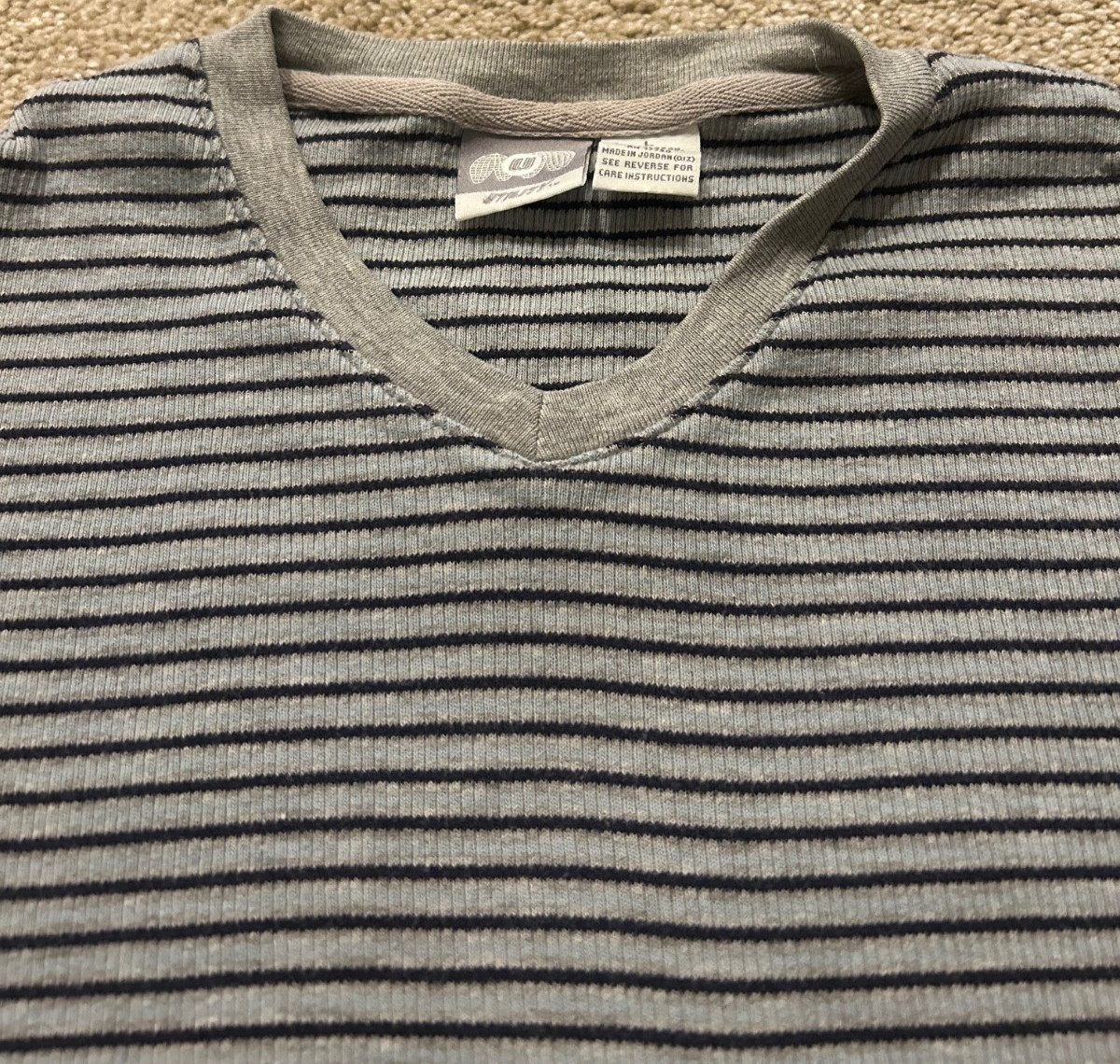 Vintage Utility Wear Knit V Neck Mens Blue and Gray Striped Ribbed Shirt Sz L gallery