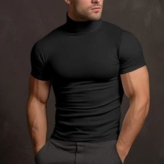 Men Solid Color Mock Neck Short Sleeve Tight Fitted Basic T Shirt Slim Casual