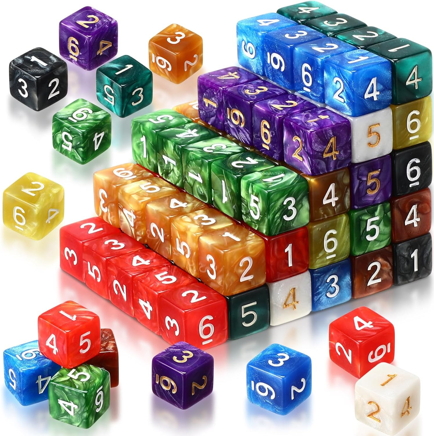 100 Pcs 16mm Dice Set Bulk, 6 Sided Standard Colored Dices with Numbers, D6 Poly