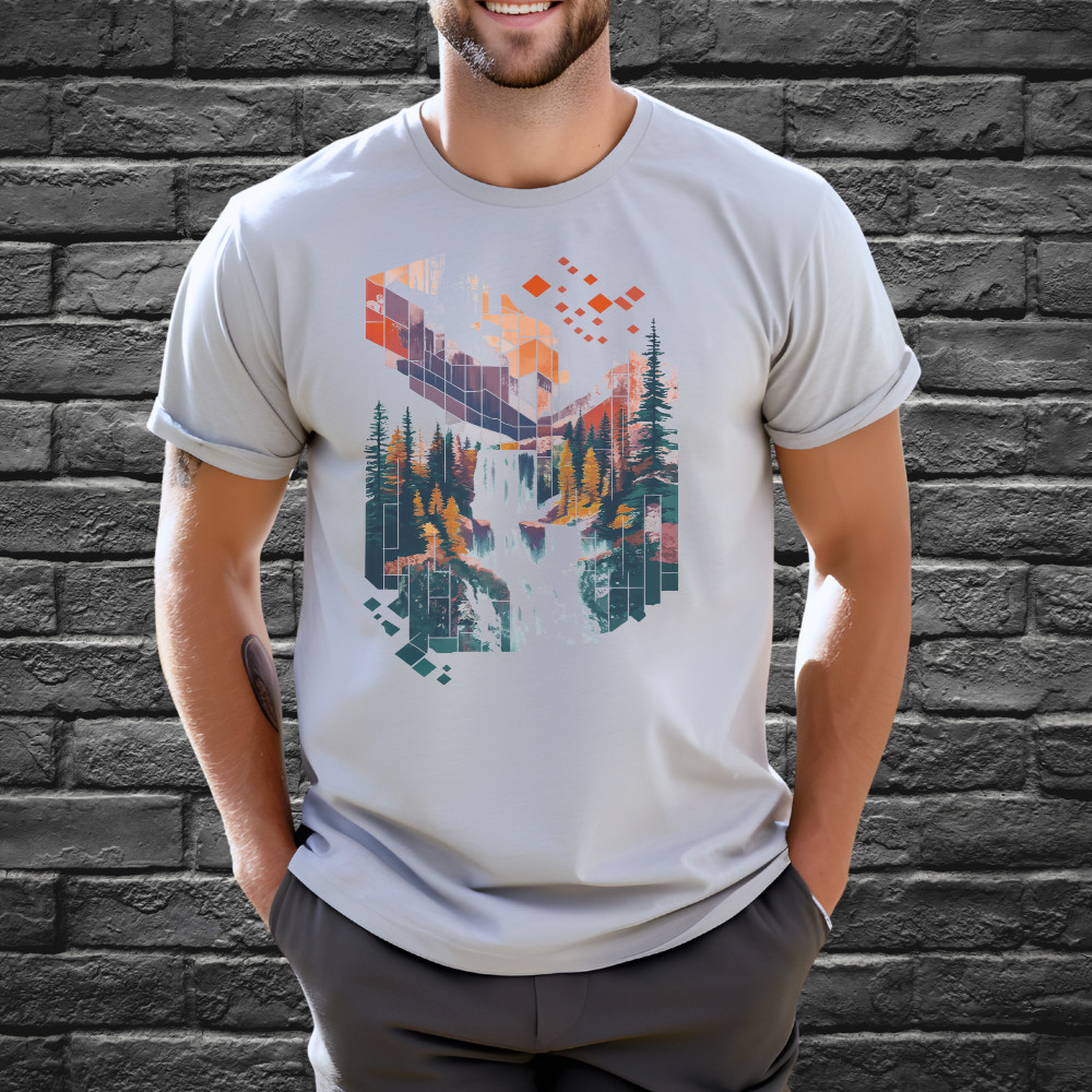 Abstract Waterfall Shirt Geometric Mountain Landscape Tshirt Cotton Light Gray gallery