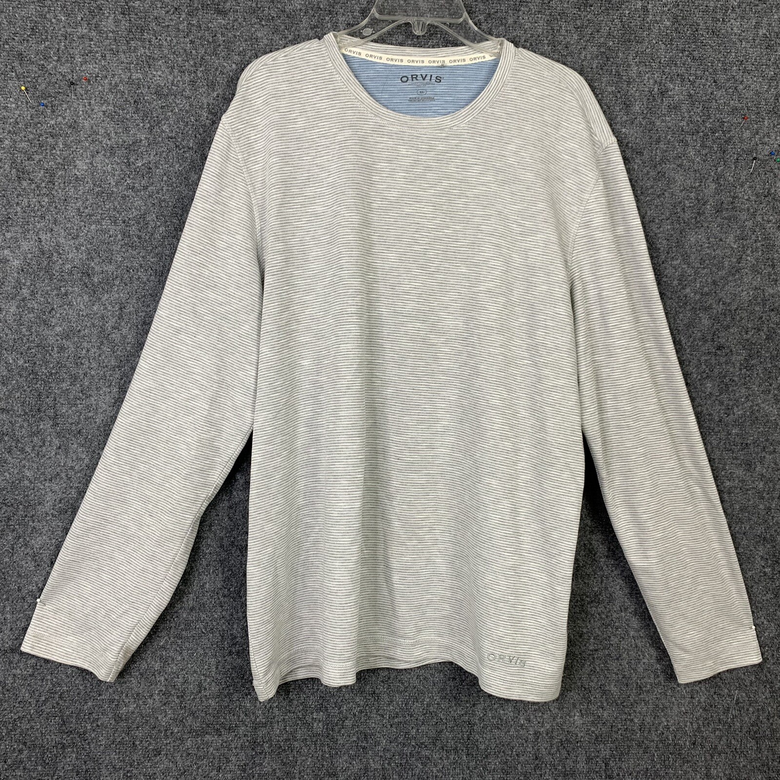 Orvis Long Sleeve T-Shirt Men XL Gray White Stripe Soft Rayon Polyester Blend