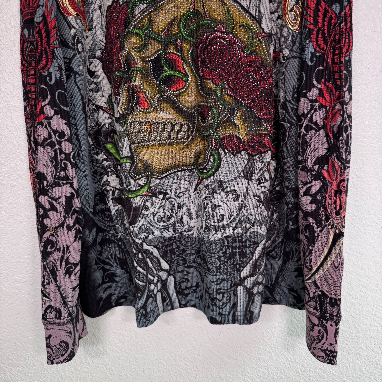 Christian Audigier Y2K Shirt Men XXL Thermal Long Sleeve Platinum Skull Rose 2XL gallery