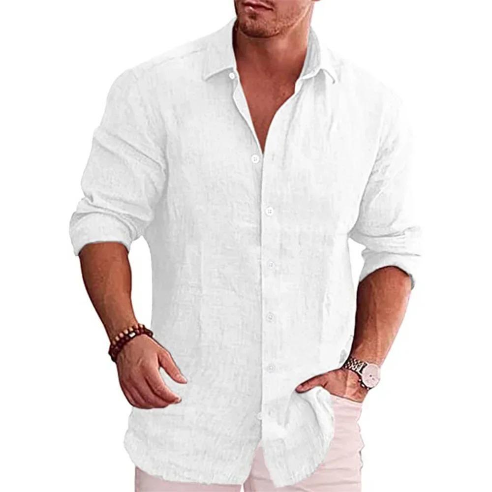 Cotton Linen Autumn Hot Selling Men's Long Sleeve Shirt Solid Color Casual Style gallery