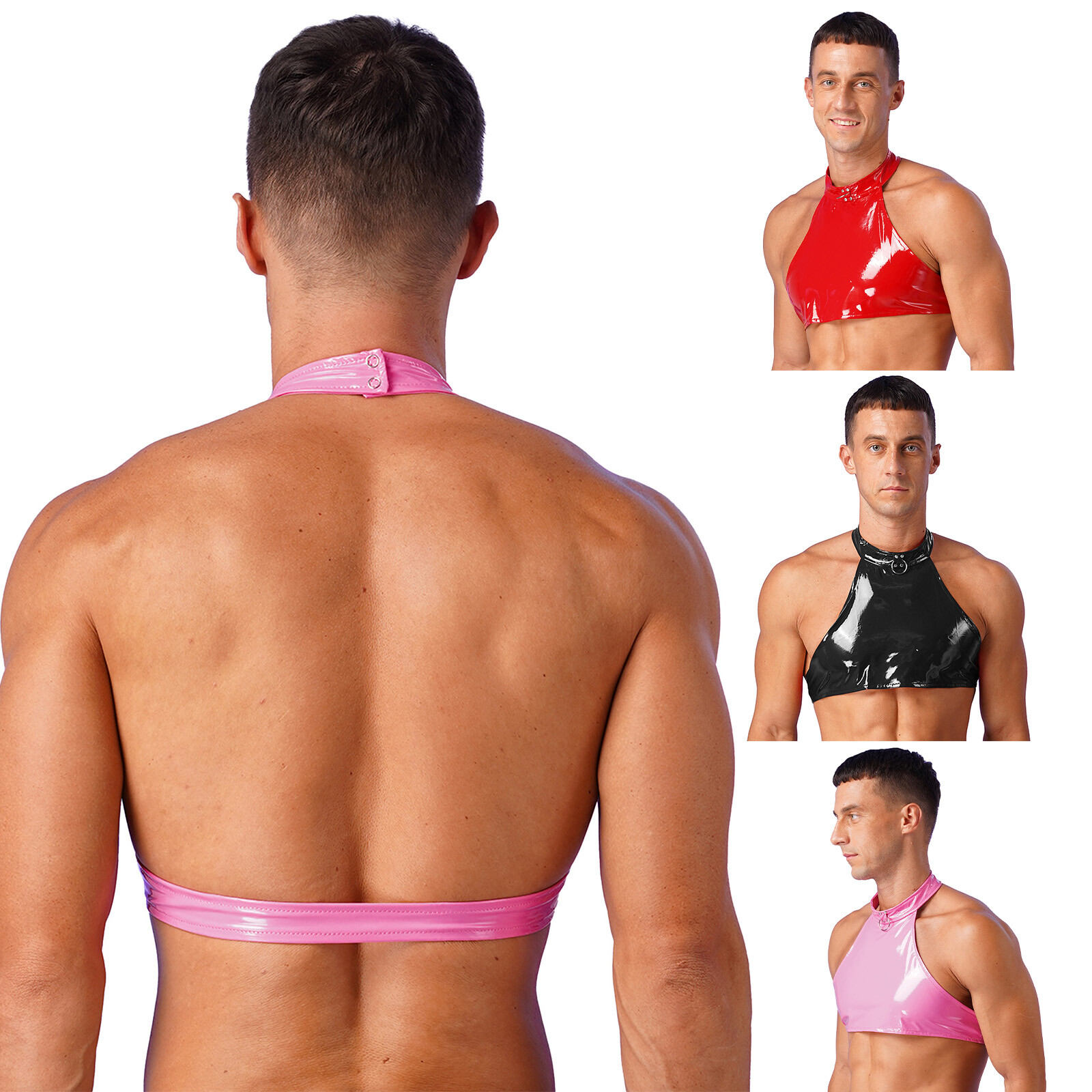 Mens Crop Top Wetlook PVC Leather Halter Neck Vest Shirts for Clubwear Party gallery