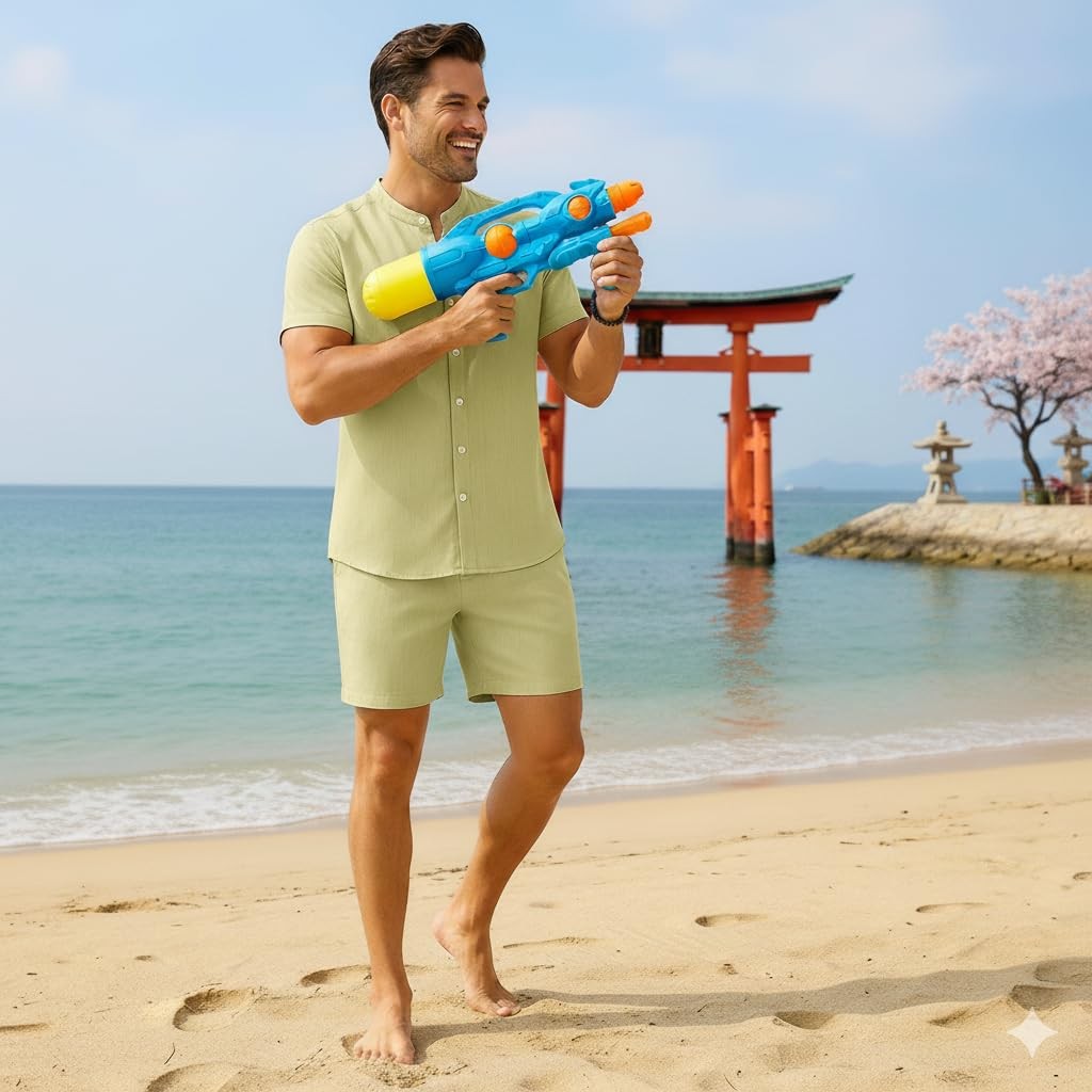 Men's Casual Stand Collar Button Shirt and Shorts Set - Hawaiian Beach Vacati... gallery