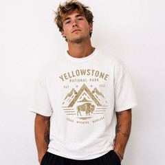 Yellowstone National Park Bison Mountain Graphic T-Shirt Outdoor Adventure Tee