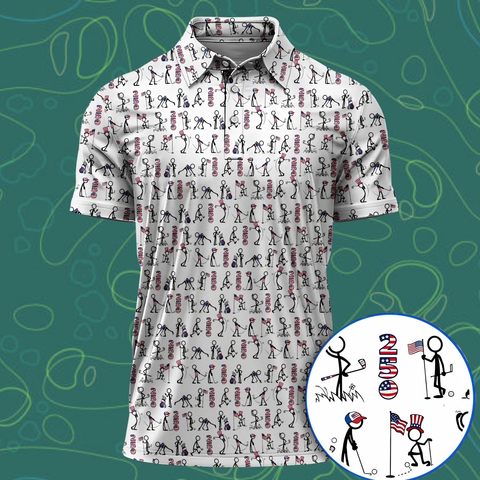 USA 250 Casual Patriotic Golf Shirt, 4th of July Stick Figure Golf Polo (S-5XL) gallery