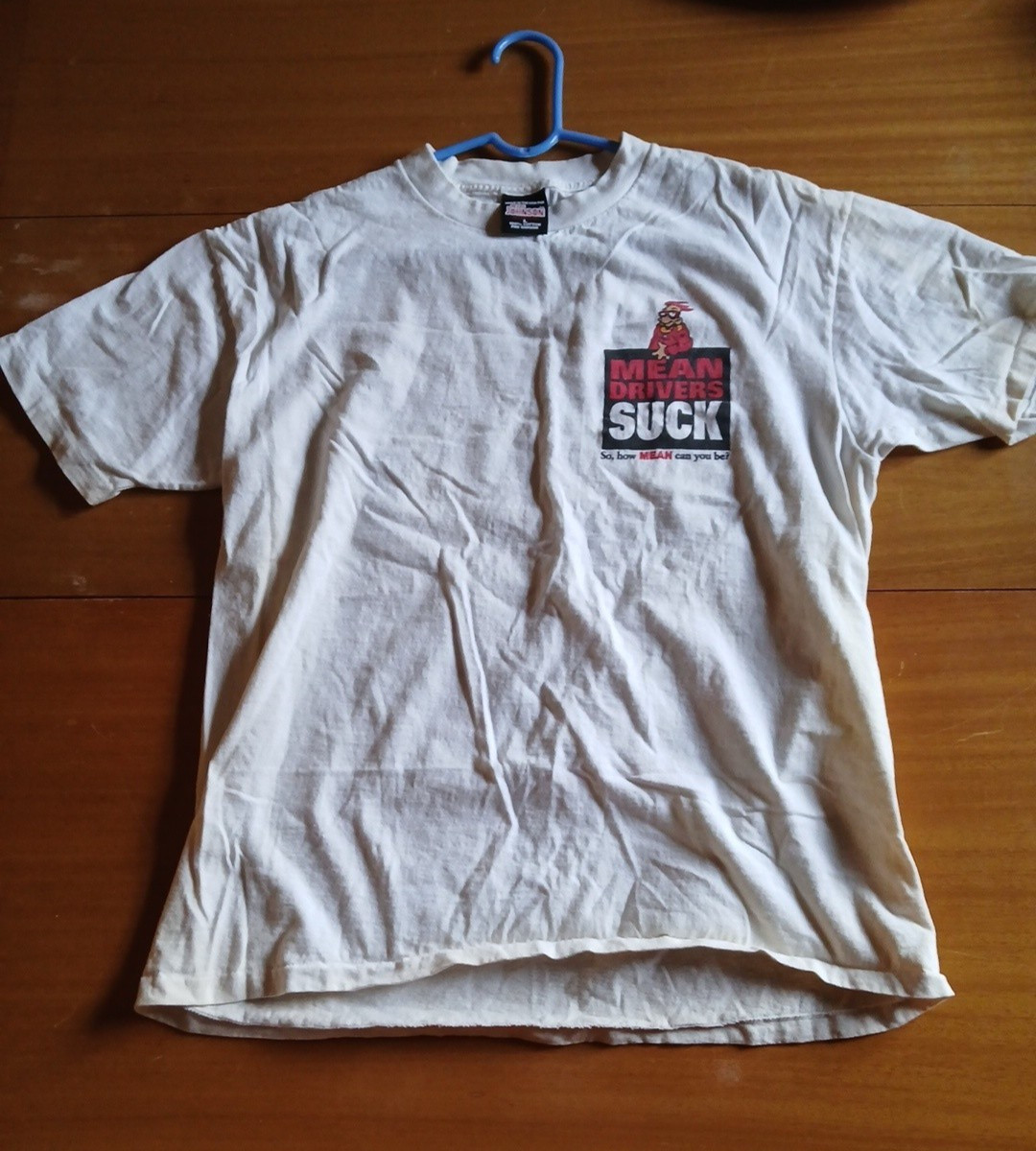 VTG Mens Big Johnson Mean Drivers Suck White Graphic T Shirt Tee L Stains READ gallery