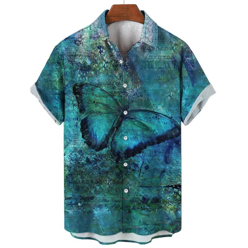 Mens Button Down Abstract Butterfly Colorful Hawaiian Top Novelty Summer Shirt gallery