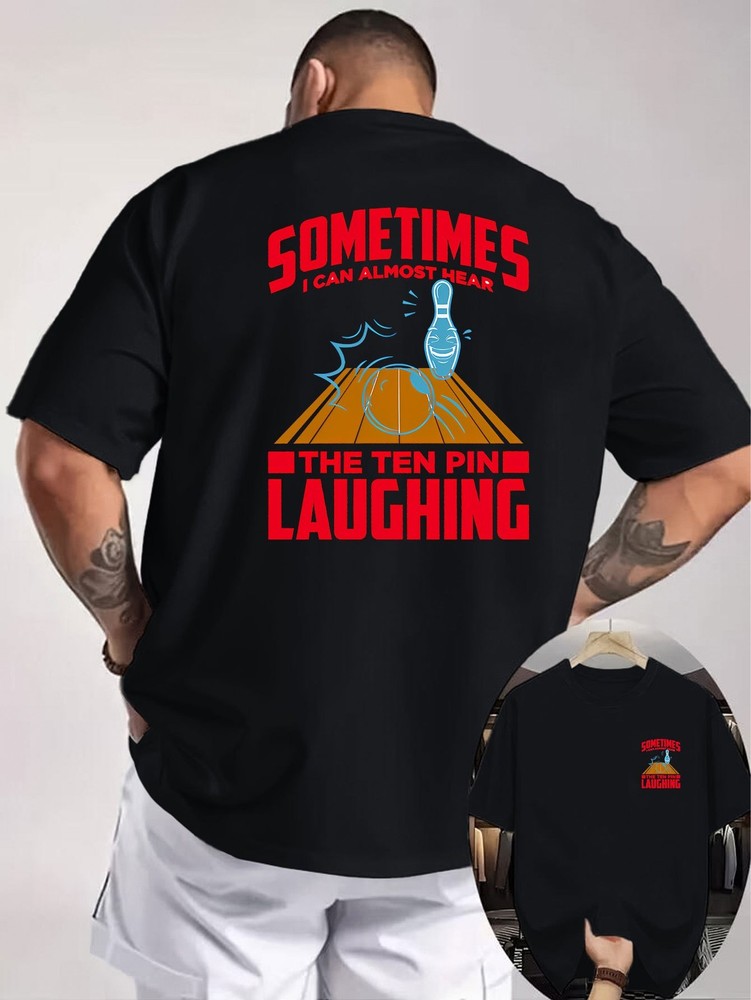 Men’s Bowling Fun Text Illustration Pattern Double-Sided Print T-Shirt