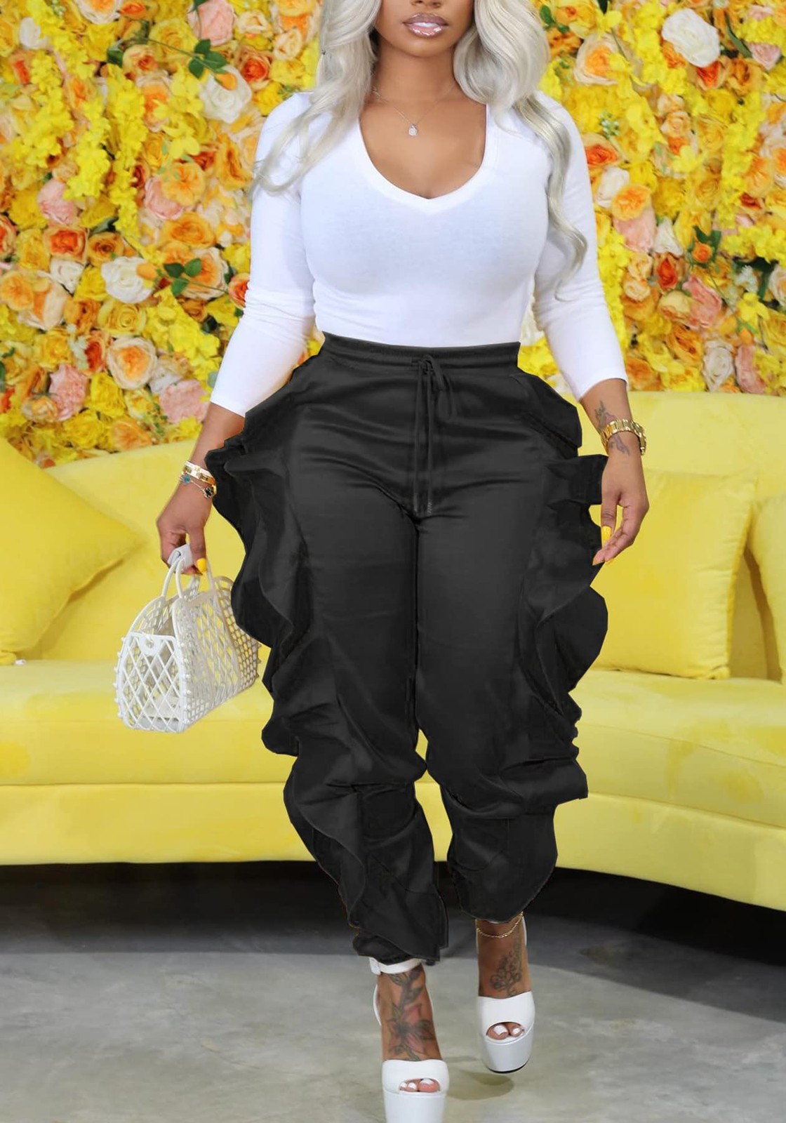 Fringe Pants Women Trousers Long Solid Color High Waisted Sweatpants gallery