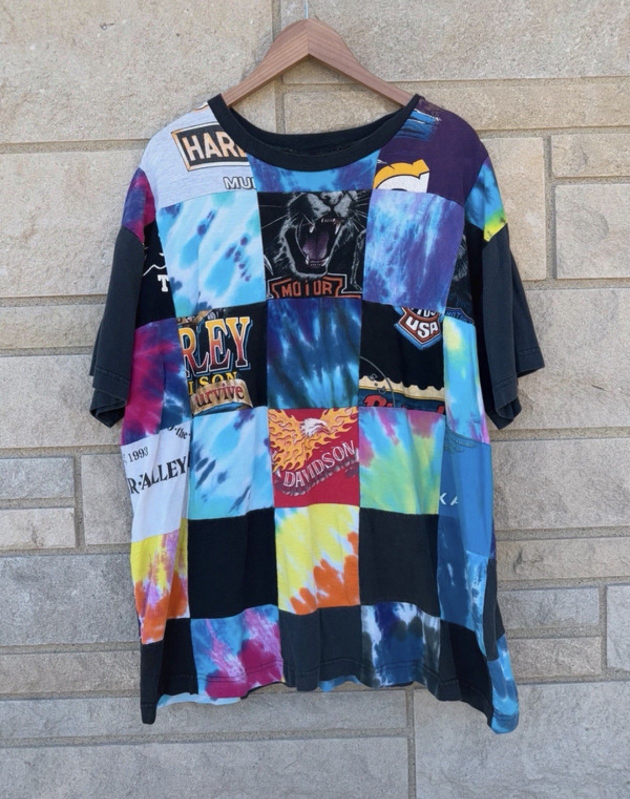 Vtg 90s Harley Davidson Motorcycles Patchwork T-shirt Mens OSFA