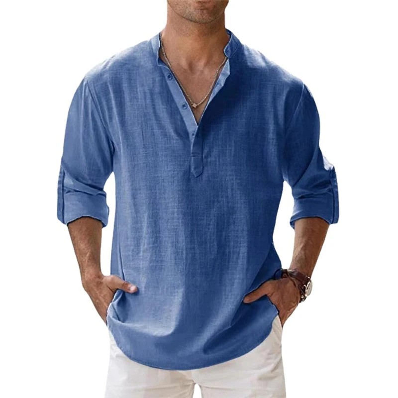 Men's Cotton Linen Henley Long Sleeve Shirt Casual Beach T-shirt Tee Summer Gift gallery