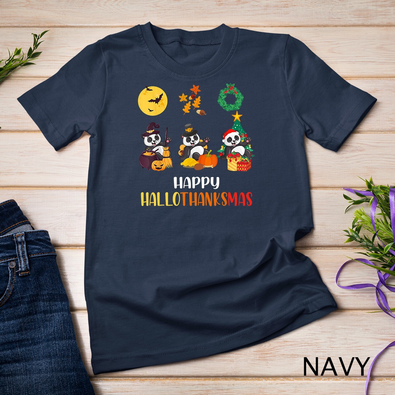 Panda Halloween And Merry Christmas Happy Hallothanksmas T-Shirt Unisex T-shirt gallery