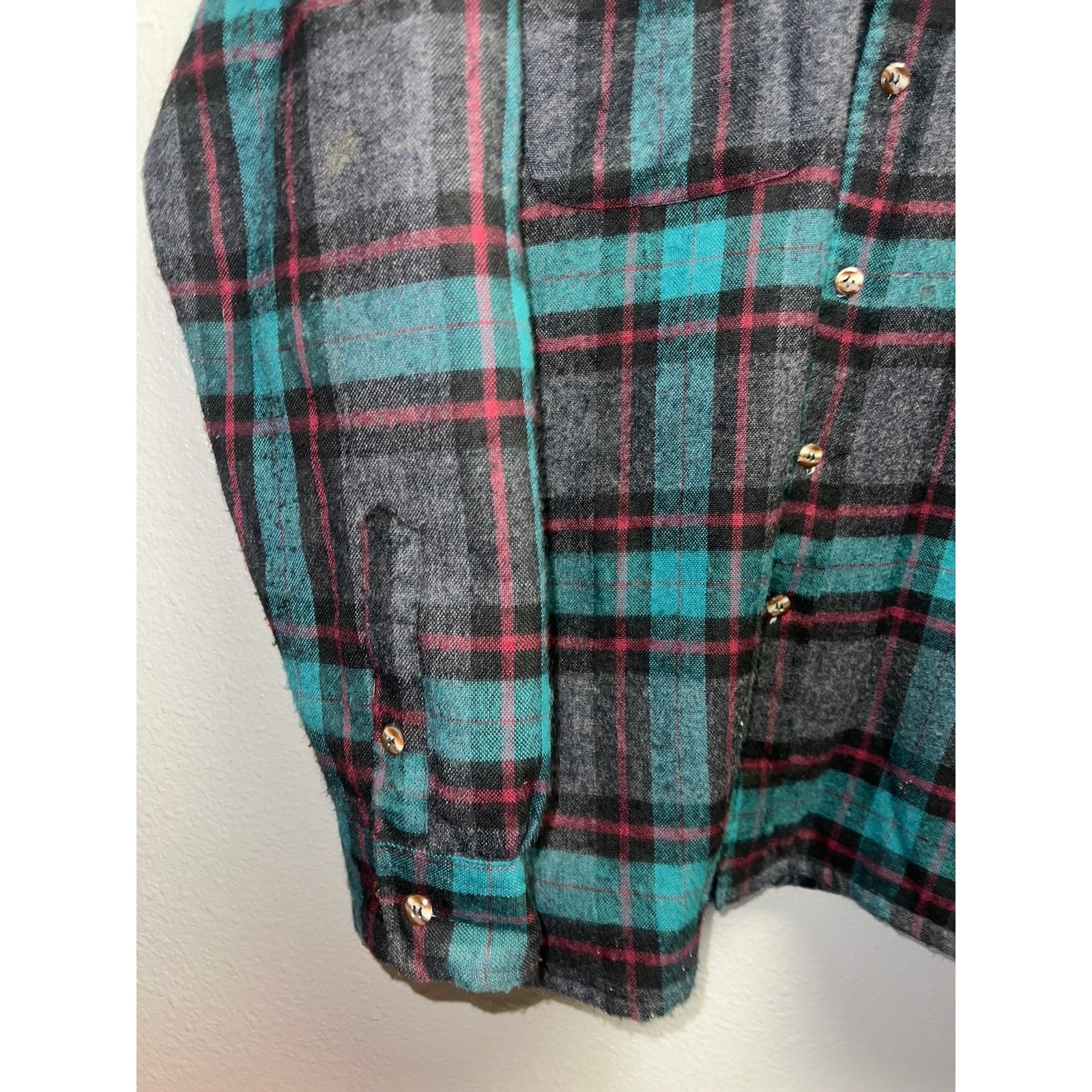 Vintage Trail's End Flannel Shirt Quilted Lined Plaid Teal Gray Western VTG L gallery
