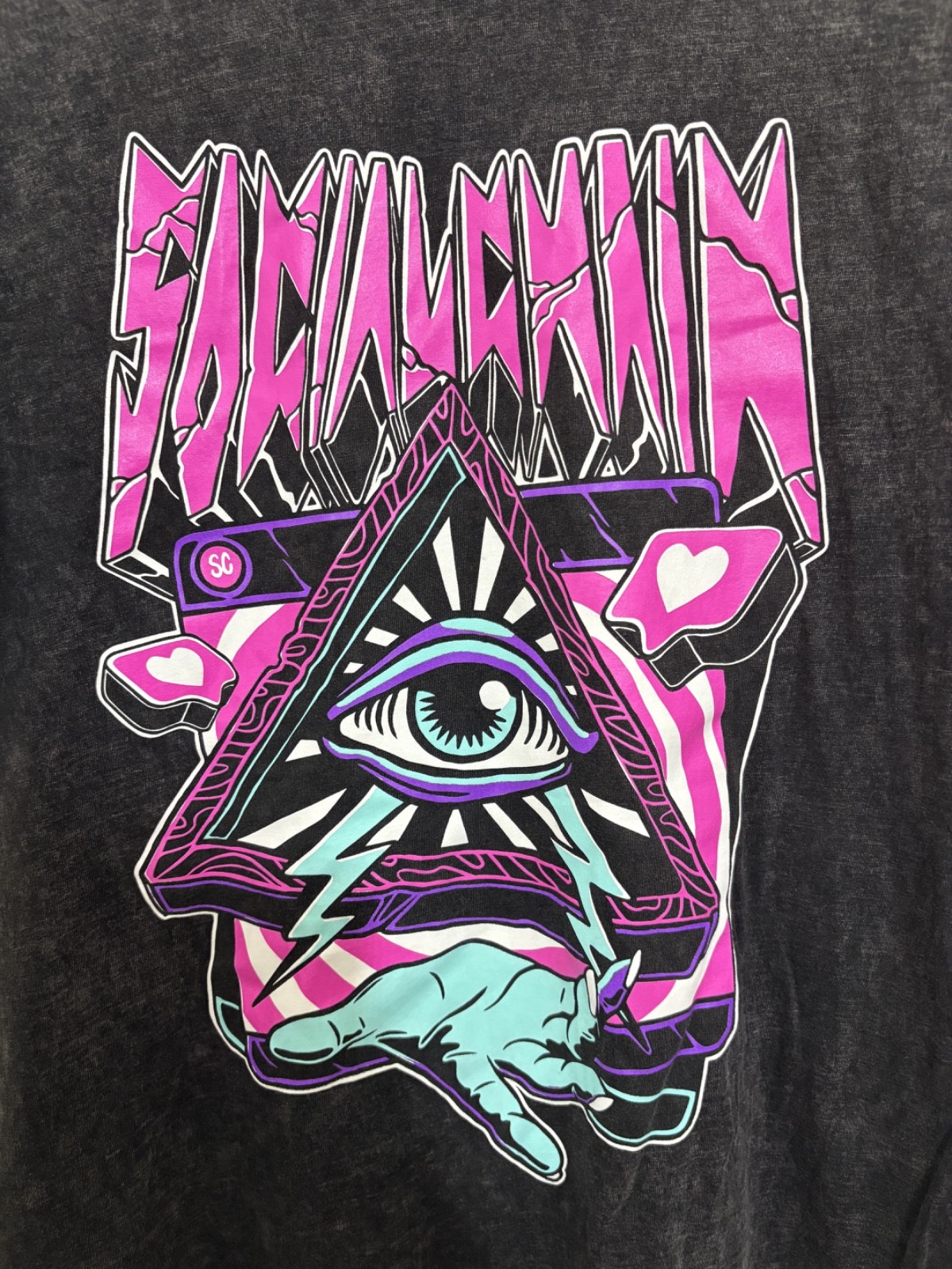 Social Chain Graphic T Shirt XL Black Acid Wash All Seeing Eye Neon Oversized gallery
