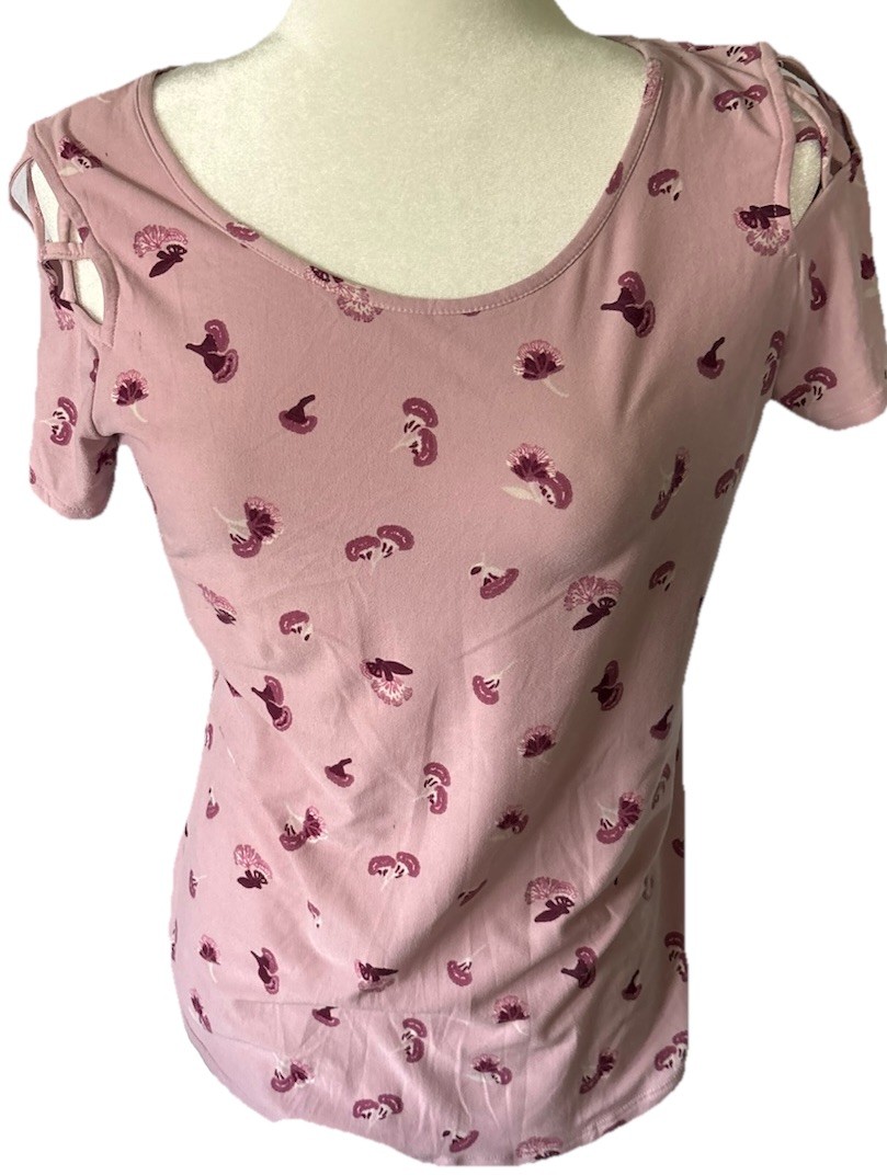 Pink Rose Floral Cold Shoulder Top Size S Lattice Sleeve Pink Mauve Small Boho gallery