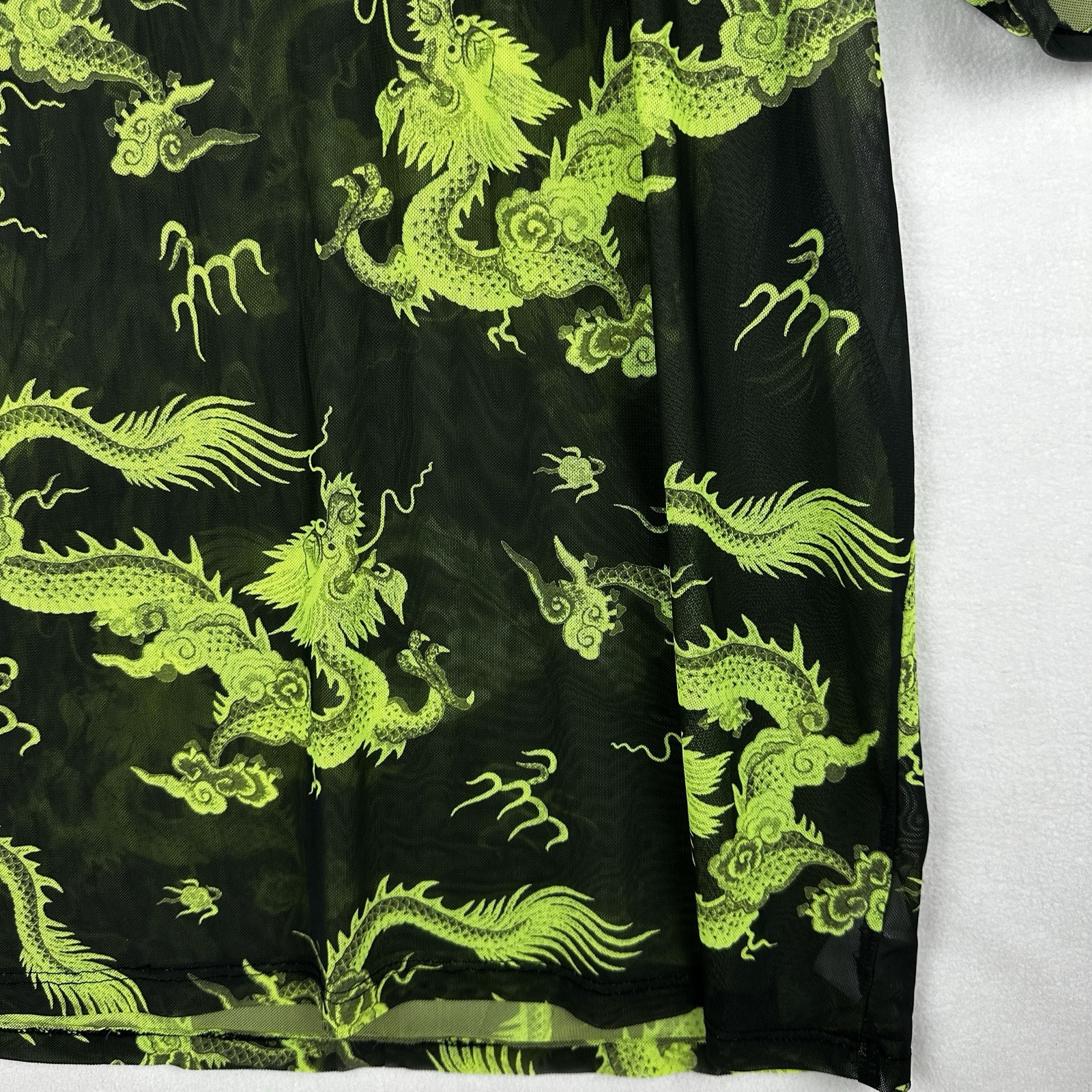 Rock Rose Couture Shirt Mens Medium See Through Mesh Dragon Print Lime Green Blk gallery