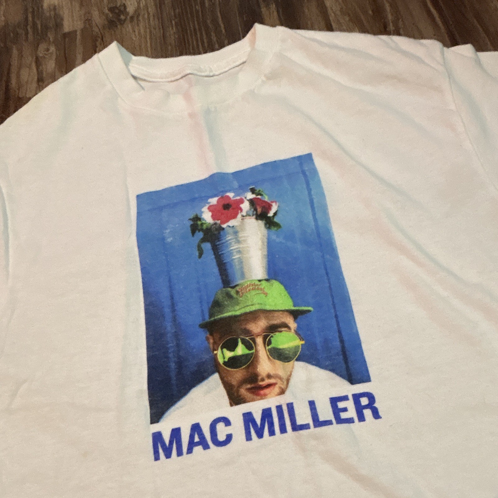 MAC MILLER White Flower Pot Head Graphic Print Vtg Style Music Rap TShirt Small