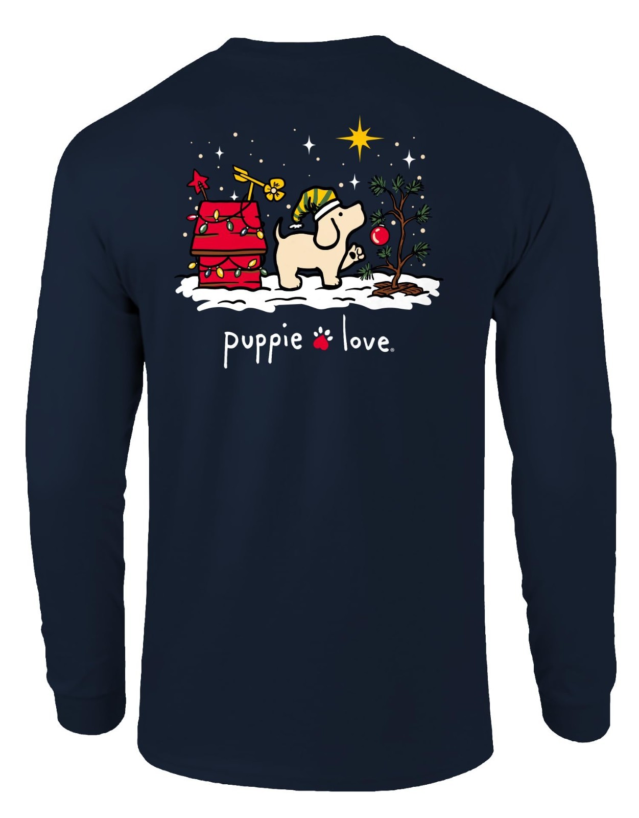 Puppie Love Christmas Dog Long Sleeve T-Shirt, Navy Blue, Winter Holiday Design