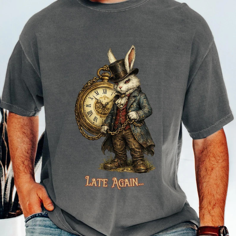 White Rabbit Alice in Wonderland Steam punk Late Again T-shirt gallery