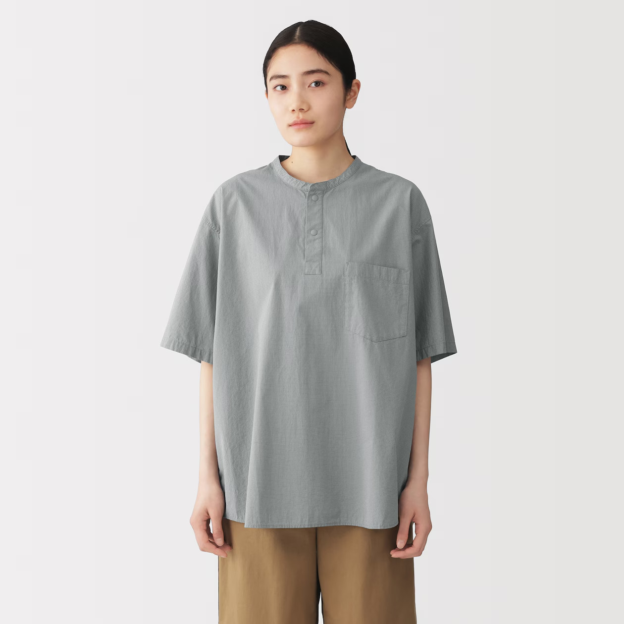 MUJI Mens 100% Organic Cotton Cool Touch Henley Neck T Shirt Gray Check FedEx gallery