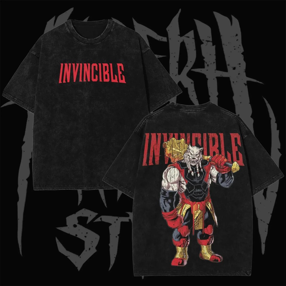 Retro Invincible Bold Red Block Text Front Chest Print & Full Body Hammer