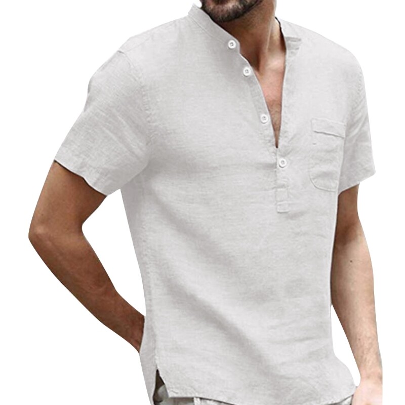 Men Stand Collar Buttons Front Linen Shirts Solid Color Loose Pullover Top M-3XL