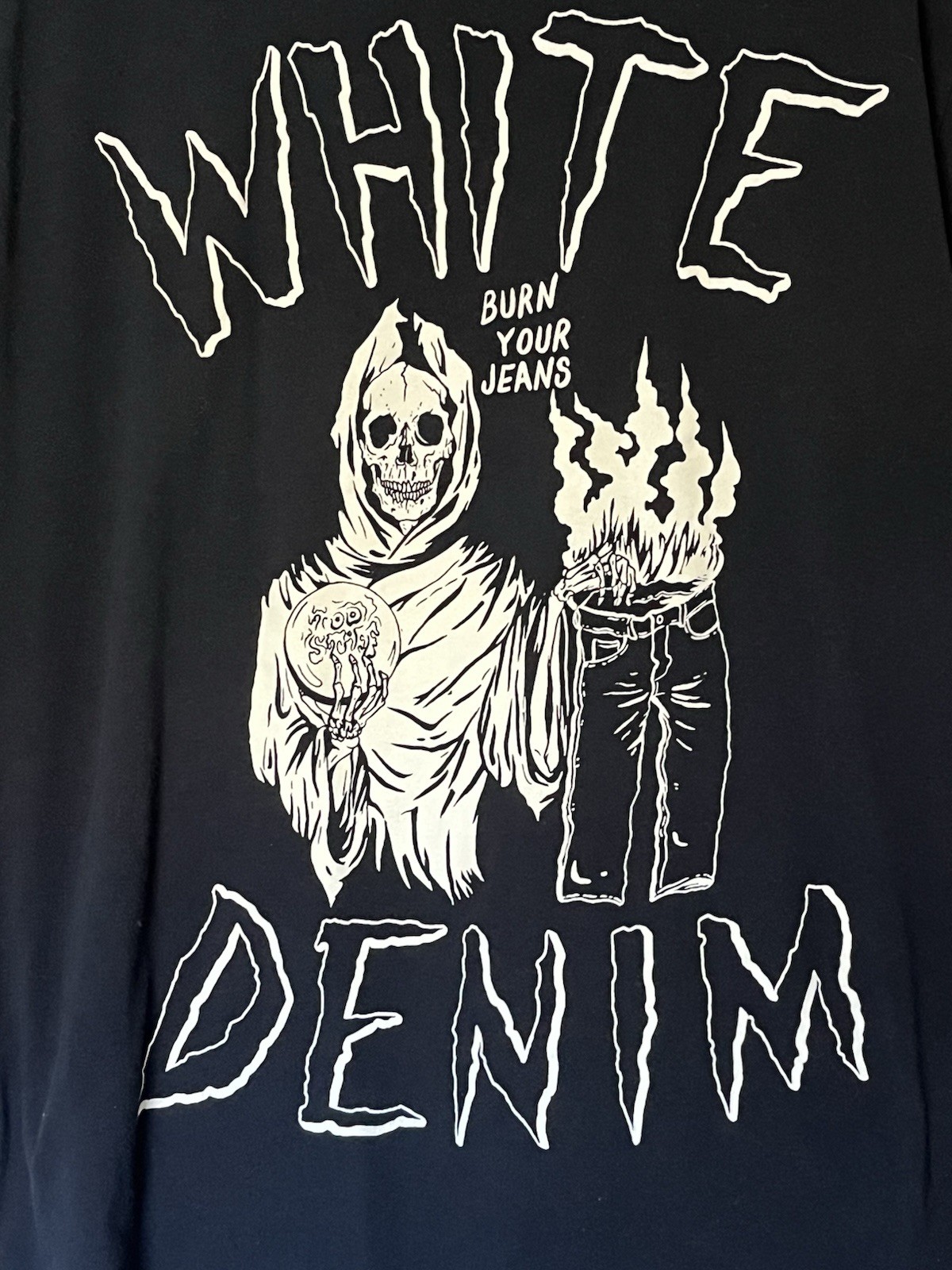Vintage T-shirt - WHITE DENIM (band) - Glow silk screen! Burn Your jeans EX! gallery