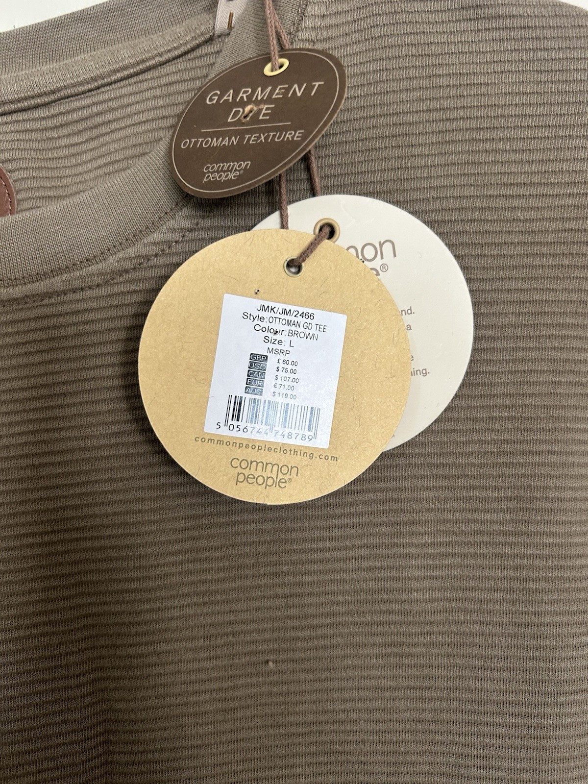 COMMON PEOPLE Ottoman Texture T-Shirt Large Ribbed Short Sleeved Brown gallery