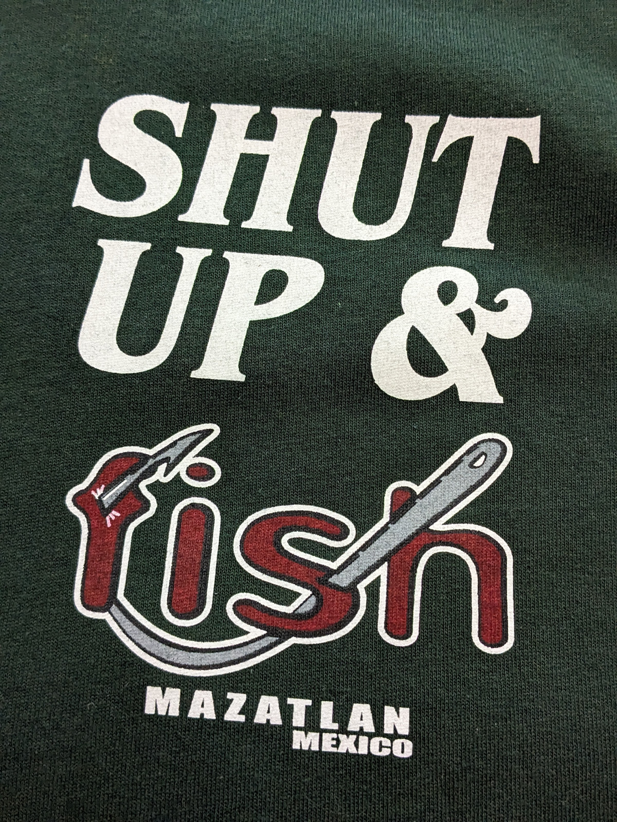 Vintage Yazbek XL Green T-Shirt "Shut Up And Fish Mazatlam-Crew Collar-Free Ship gallery