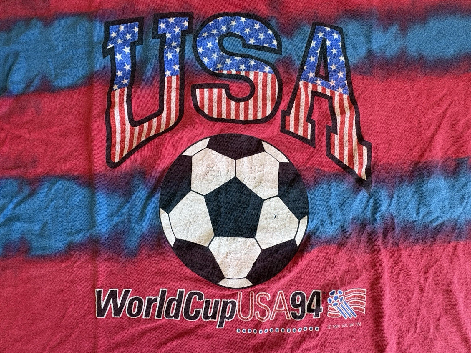 VTG 1994 World Cup USA Tie Dye T Shirt Soccer Red Blue Single Stitch Boxy XL gallery