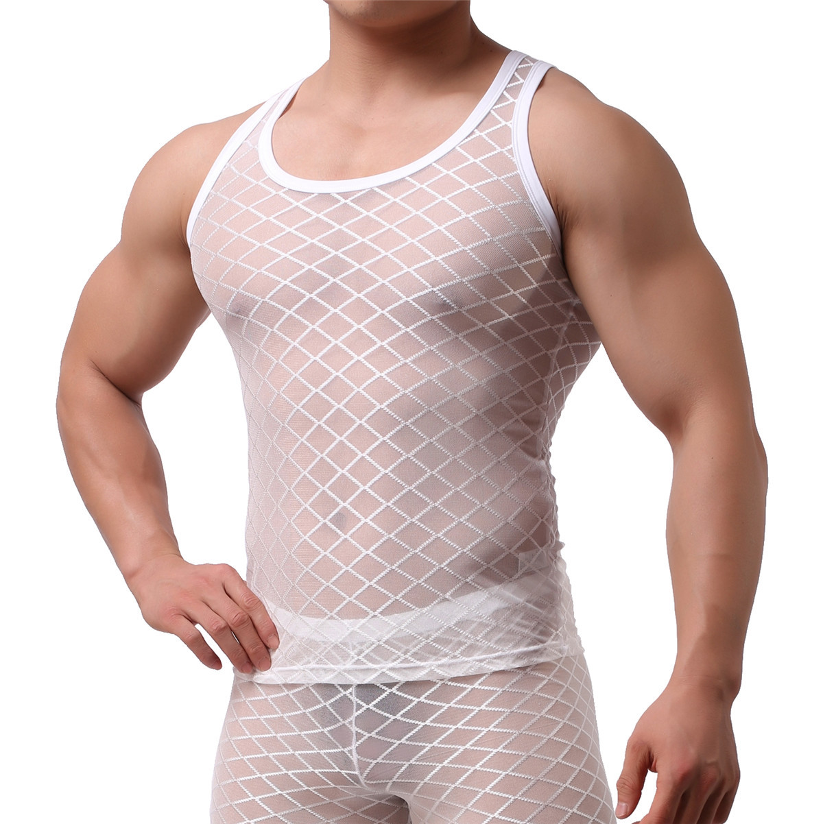 Fetish Mens Underwear Sheer Mesh Muscle T-Shirt Tank Tops Long Johns Trousers gallery