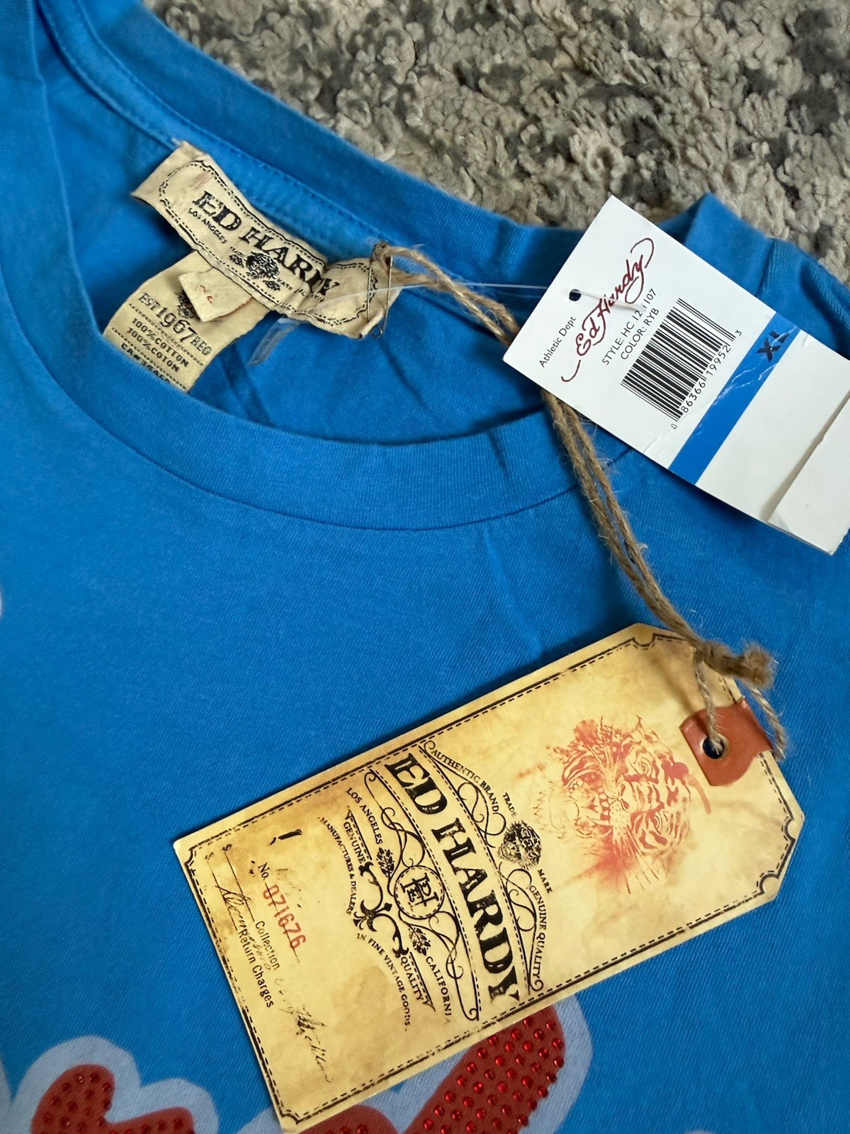 NWT Ed Hardy Rhinestone Tiger AOP T-shirt Size XL Blue Athletic Dept gallery