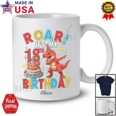 Custom Name Roar It’s My 18th Birthday; Dabbing T-Rex; Men Boys Family T-Shirt