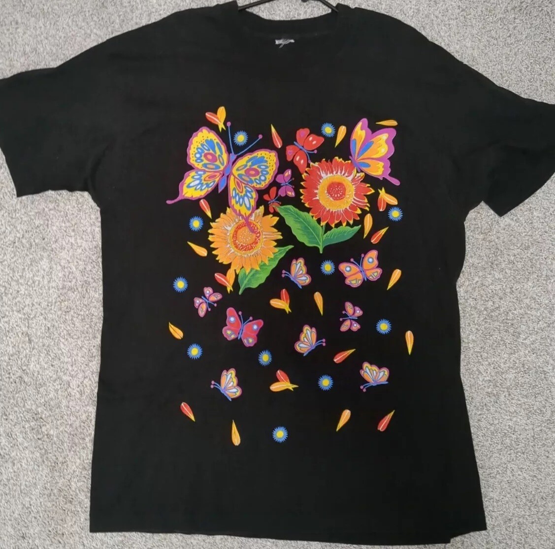 Vtg Flowers Butterflies T Shirt XL Single stitch OSFA 80s 90s Hippy Nature Tee