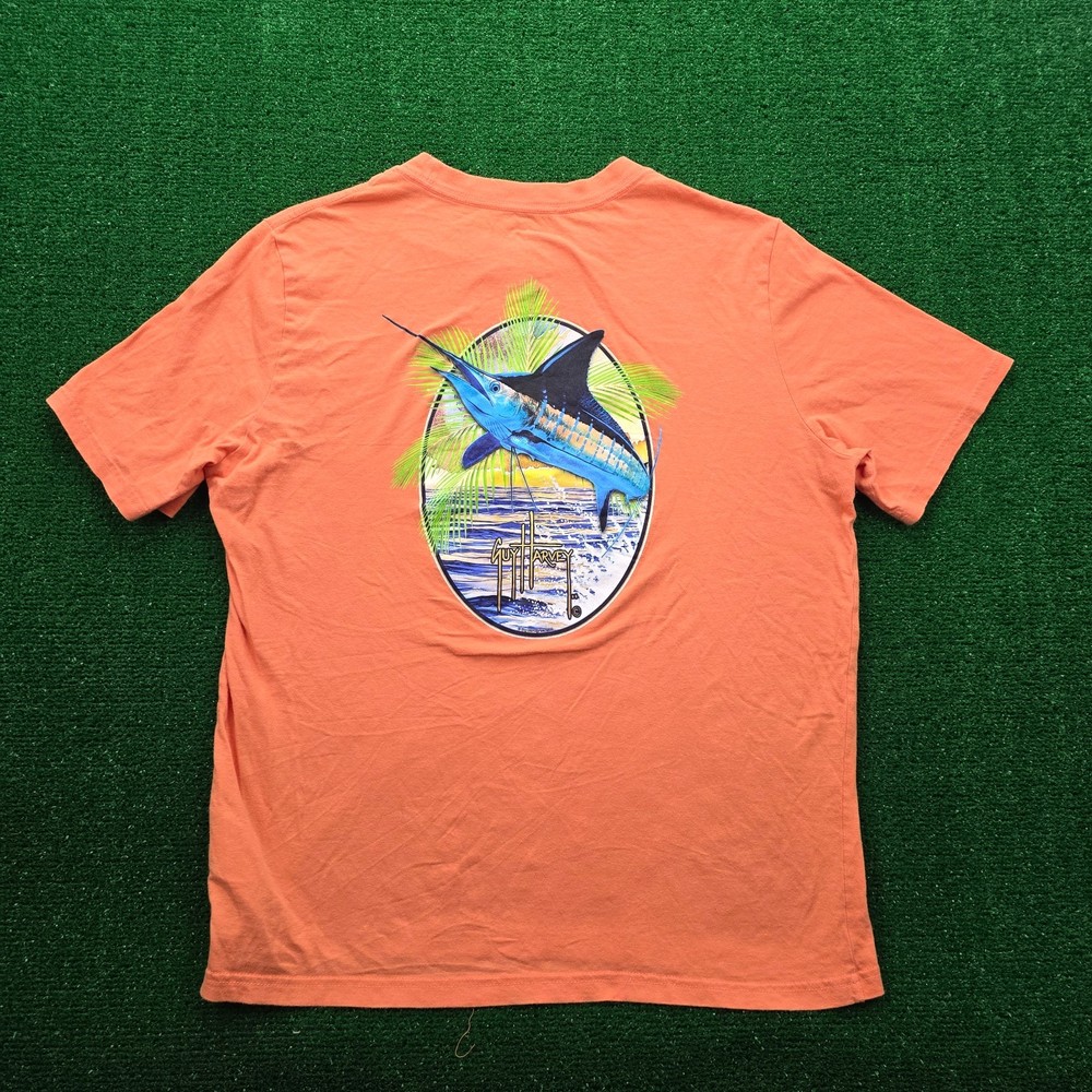 Guy Harvey Tshirt Mens Medium Orange Short Sleeve Marlin Sailfish Fishing Tee