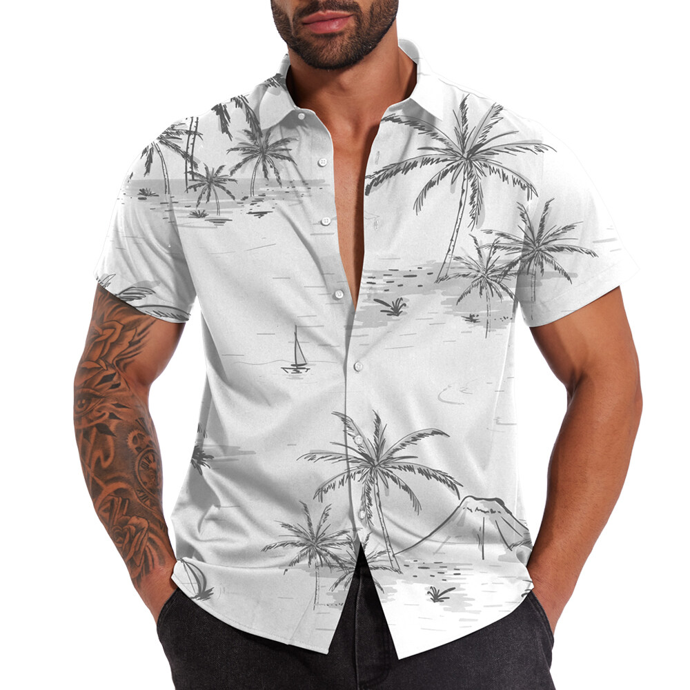 Button Down Shirts Men Black White Hawaiian Dress Short Sleeve Party Up Soft Tee gallery